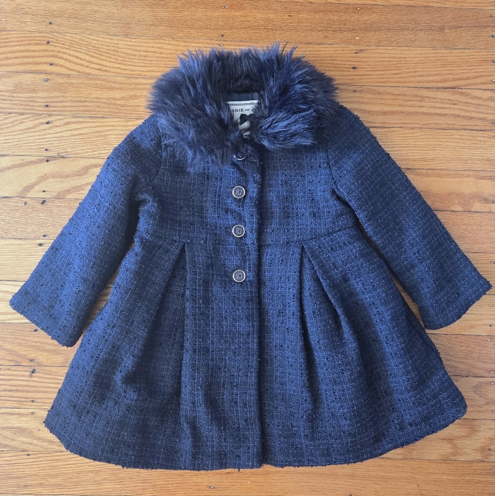 JANIE and JACK Faux Fur Collar Bouclé Coat Navy Blue 12 To 18 M girls